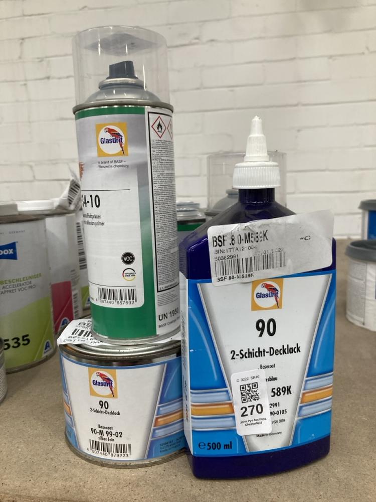 Lot 270  
            Chesterfield SR40 - Collection 

                
6 X ASSORTED LIQUIDS TO INCLUDE GLASURIT 934-10 1K PLASTIC ADHESION PRIMER (COLLE...
