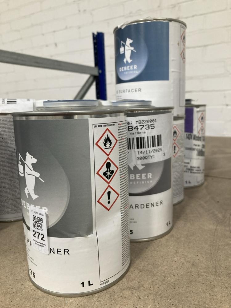 Lot 272  
            Chesterfield SR40 - Collection 

                
5 X ASSORTED LIQUIDS TO INCLUDE DE BEER MS HARDENER 47-35 1L (COLLECTION ONLY) (L...