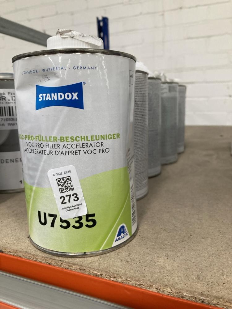 Lot 273  
            Chesterfield SR40 - Collection 

                
5 X ASSORTED LIQUIDS TO INCLUDE STANDOX VOC PRO FILLER ACCELERATOR 1L (COLLECTION...