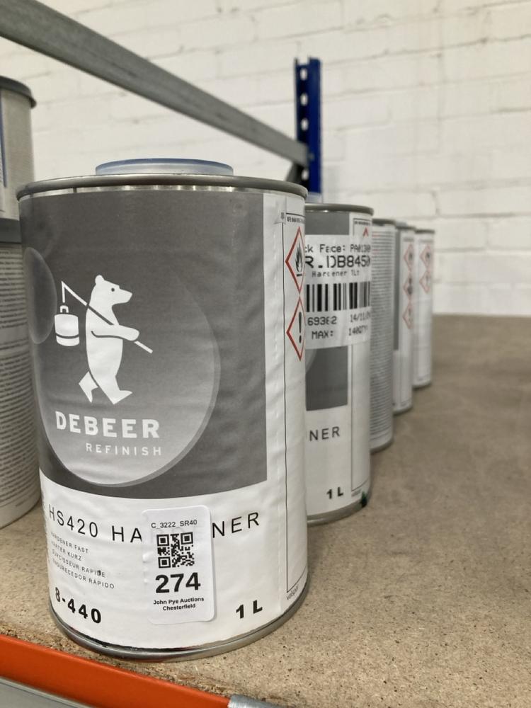 Lot 274  
            Chesterfield SR40 - Collection 

                
5 X ASSORTED LIQUIDS TO INCLUDE DEBEER HS420 HARDENER 1L (COLLECTION ONLY) (LOCAT...