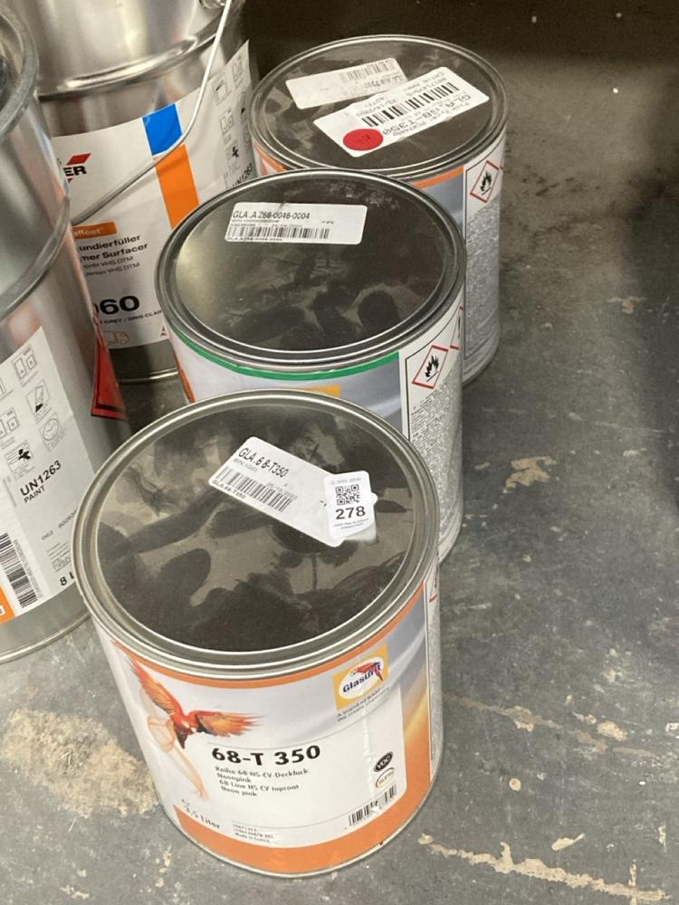 Lot 278  
            Chesterfield SR40 - Collection 

                
3 X ASSORTED LIQUIDS TO INCLUDE GLASURIT 68 LINE HS CV TOPCOAT 3.5L (COLLECTION O...