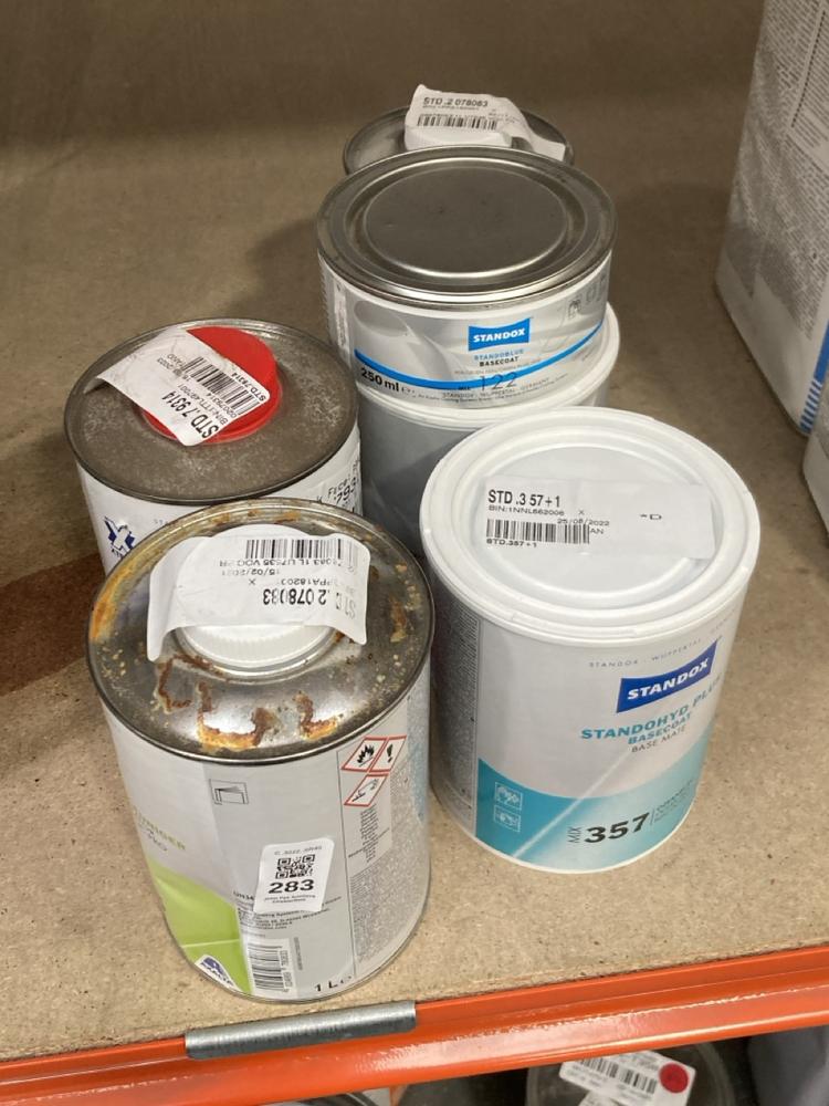 Lot 283  
            Chesterfield SR40 - Collection 

                
6 X ASSORTED LIQUIDS TO INCLUDE STANDOX STANDOHYD PLUS BASECOAT BASE MATE IX 357 ...