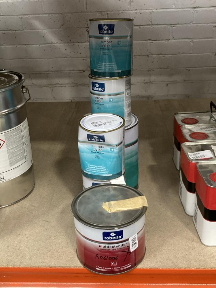 Lot 286  
            Chesterfield SR40 - Collection 

                
6 X ASSORTED LIQUIDS TO INCLUDE ROBERLO BUMPER COLOR PLASTIC COVERING IN BLACK 1L...