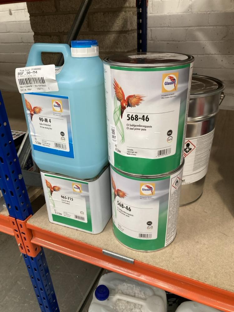 Lot 287  
            Chesterfield SR40 - Collection 

                
7 X ASSORTED LIQUIDS TO INCLUDE GLASURIT CV STEEL PRIMER PASTE 4L (COLLECTION ONL...