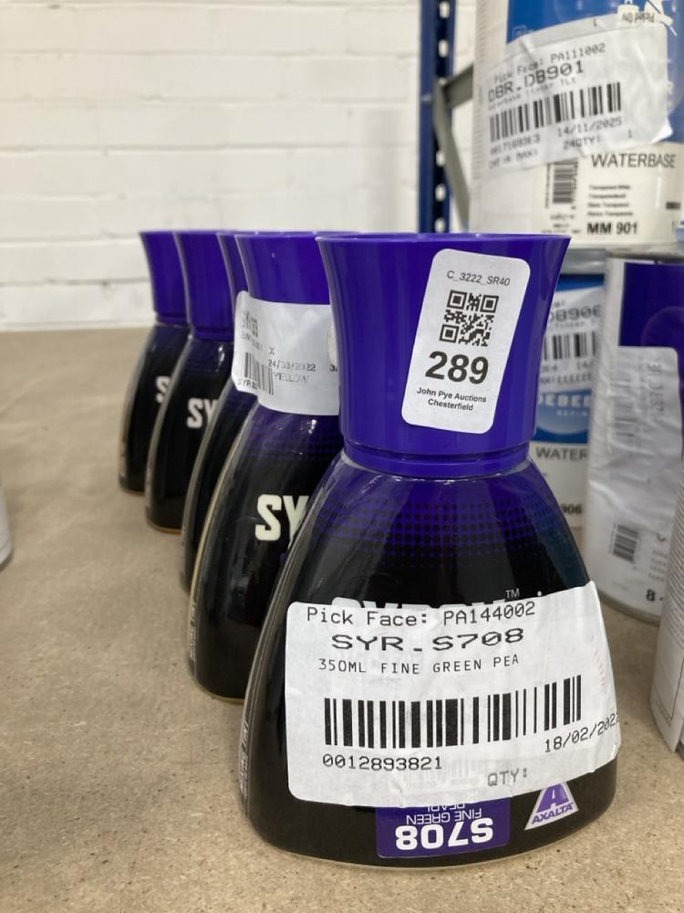 Lot 289  
            Chesterfield SR40 - Collection 

                
5 X ASSORTED LIQUIDS TO INCLUDE SYROX S353 BRIGHT YELLOW MIXING TINT (COLLECTION ...