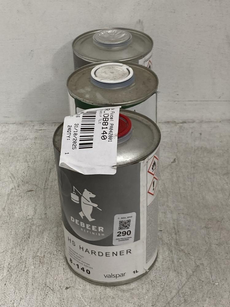 Lot 290  
            Chesterfield SR40 - Collection 

                
3 X ASSORTED LIQUIDS TO INCLUDE DEBEER HS HARDENER 1L (COLLECTION ONLY) (LOCATION...