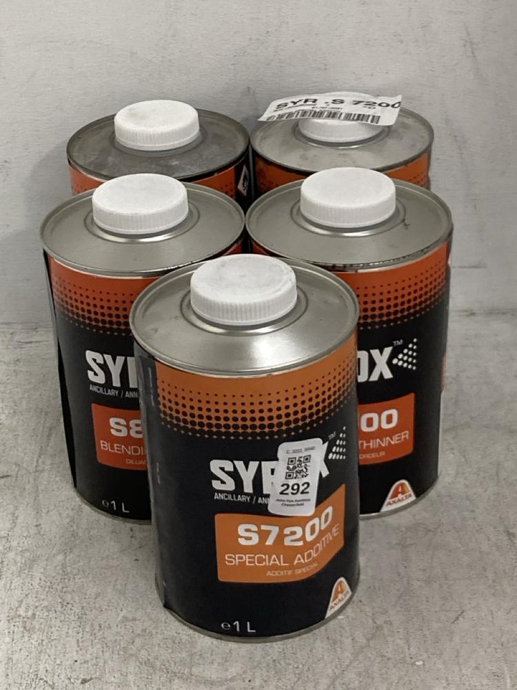 Lot 292  
            Chesterfield SR40 - Collection 

                
5 X ASSORTED LIQUIDS TO INCLUDE SYROX S8200 FADE OUT THINNER DILLIANT RACCORD 1L ...