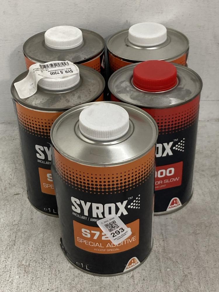 Lot 293  
            Chesterfield SR40 - Collection 

                
5 X ASSORTED LIQUIDS TO INCLUDE SYROX S8200 FADE OUT THINNER DILLIANT RACCORD 1L ...