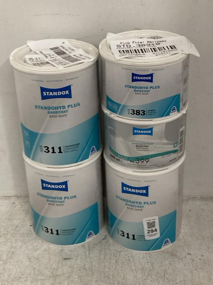 Lot 294  
            Chesterfield SR40 - Collection 

                
5 X ASSORTED LIQUIDS TO INCLUDE STANDOX STANDOHYD PLUS BASECOAT BASE MATE 1L (COL...