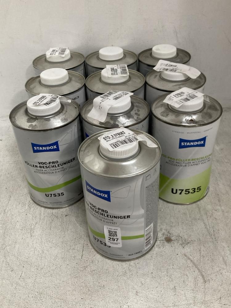Lot 297  
            Chesterfield SR40 - Collection 

                
10 X ASSORTED LIQUIDS TO INCLUDE STANDOX VOC PRO FILLER ACCELERATOR 1L (COLLECTIO...