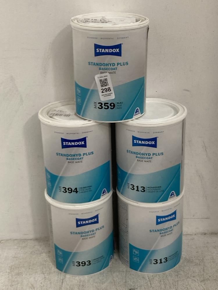 Lot 298  
            Chesterfield SR40 - Collection 

                
5 X ASSORTED LIQUIDS TO INCLUDE STANDOX STANDOHYD PLUS BASECOAT MIX 313 1L (COLLE...