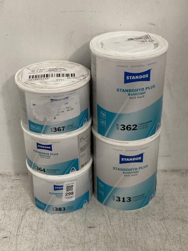 Lot 299  
            Chesterfield SR40 - Collection 

                
5 X ASSORTED LIQUIDS TO INCLUDE STANDOX STANDOHYD PLUS BASECOAT MIX 313 1L (COLLE...