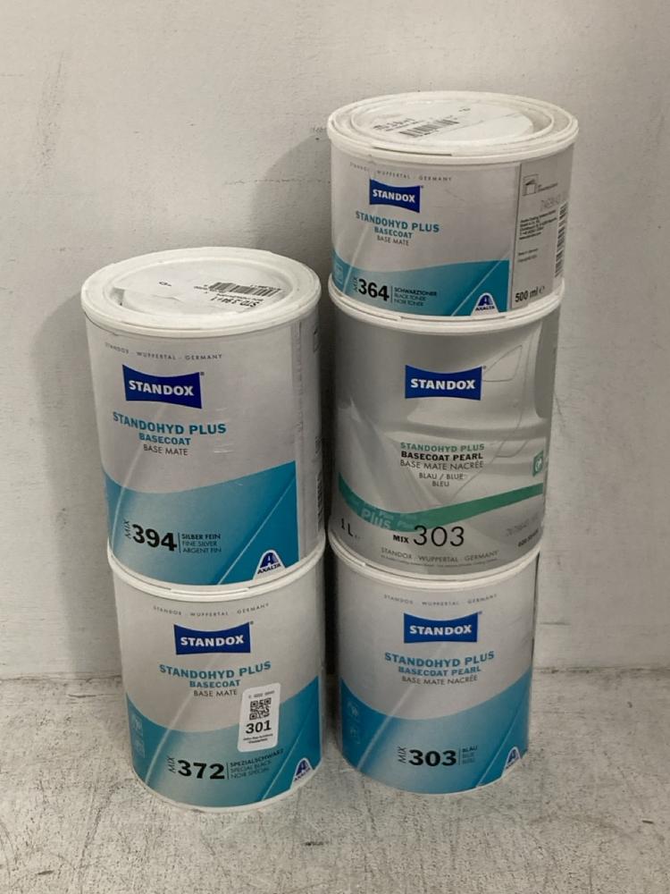 Lot 301  
            Chesterfield SR40 - Collection 

                
5 X ASSORTED LIQUIDS TO INCLUDE STANDOX STANDOHYD PLUS BASECOAT MIX 372 1L (COLLE...
