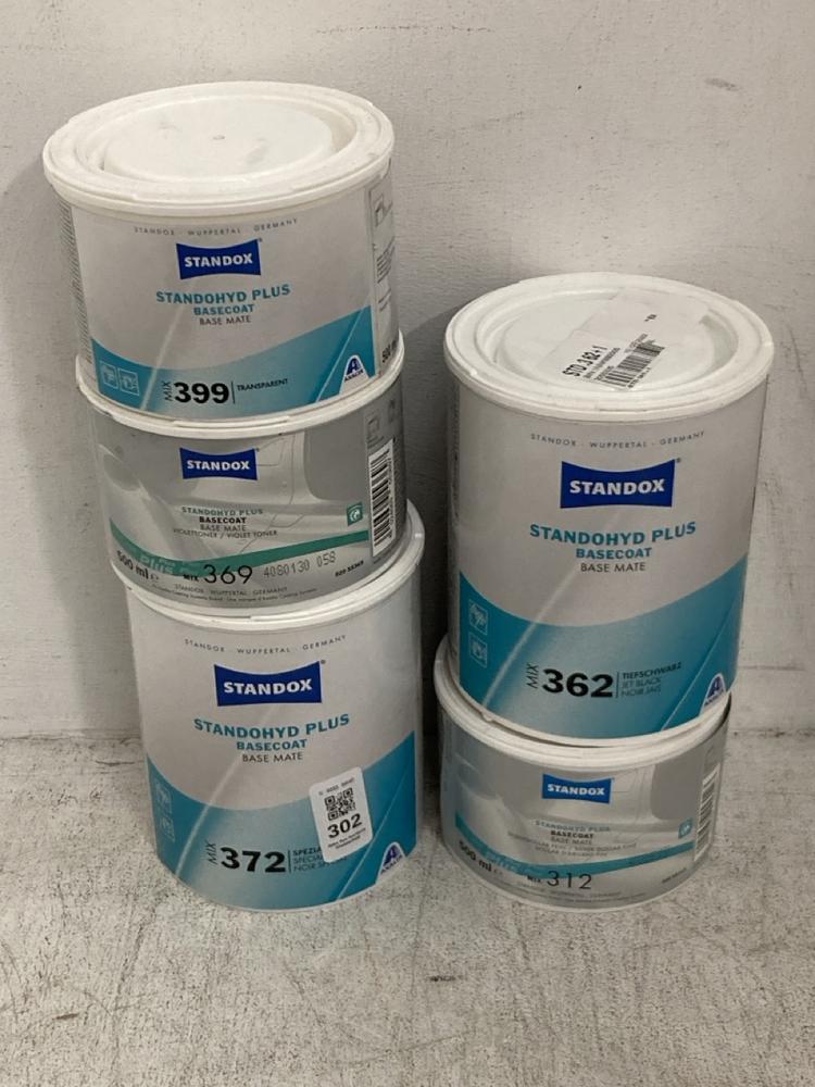 Lot 302  
            Chesterfield SR40 - Collection 

                
5 X ASSORTED LIQUIDS TO INCLUDE STANDOX STANDOHYD PLUS BASECOAT MIX 372 1L (COLLE...