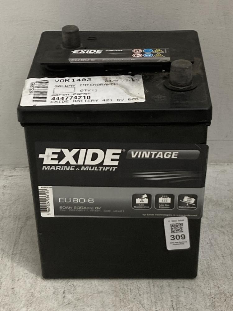 Lot 309  
            Chesterfield SR40 - Collection 

                
EXIDE VINTAGE EU 80-6 80AH 600A CAR BATTERY (COLLECTION ONLY) (LOCATION: A RACKING)