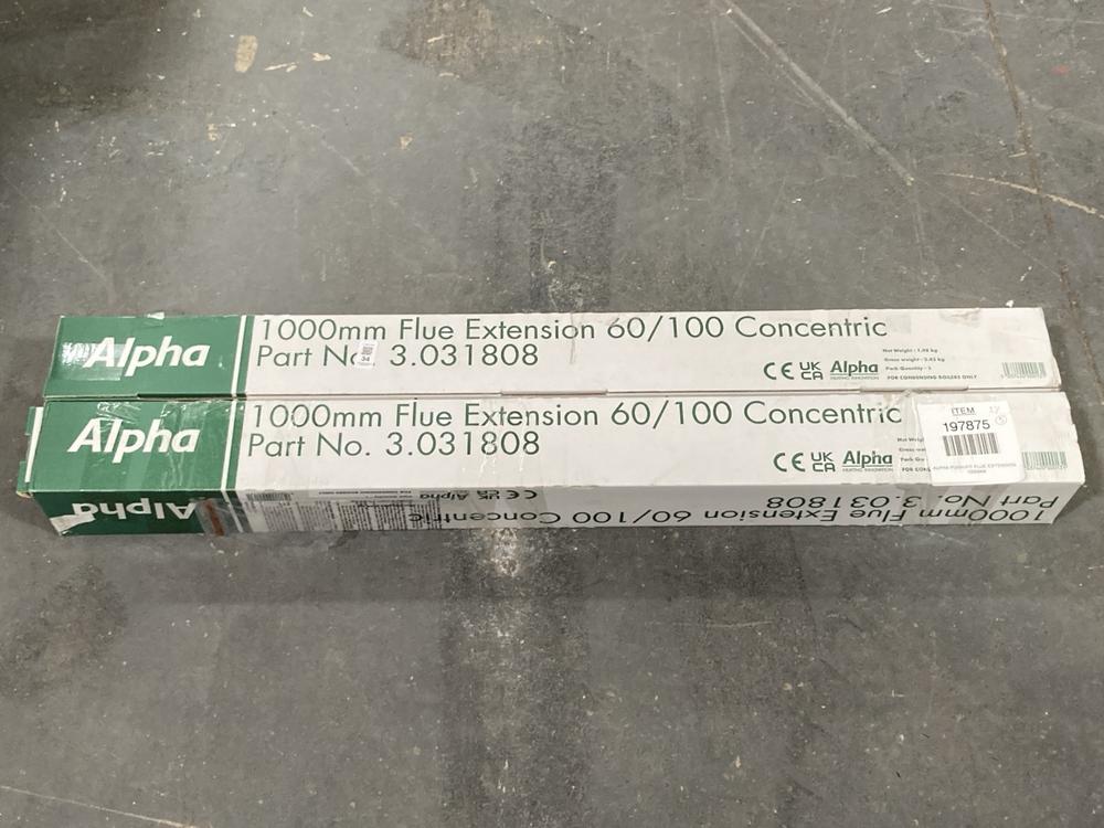 Lot 34  
            Chesterfield SR40 - Collection or Optional Delivery Available 

                
2 X ALPHA 1000MM FLUE EXTENSION 60/100 CONCENTRIC PART NO: 3.031808 TOTAL ORIGINA...