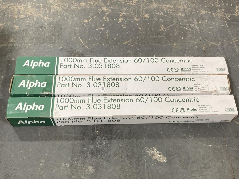 Lot 35  
            Chesterfield SR40 - Collection or Optional Delivery Available 

                
3 X ALPHA 1000MM FLUE EXTENSION 60/100 CONCENTRIC PART NO: 3.031808 TOTAL ORIGINA...
