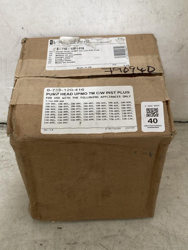 Lot 40  
            Chesterfield SR40 - Collection or Optional Delivery Available 

                
PUMP HEAD UPMO 7M MODEL: 8716120416 ORIGINAL RRP- £227 (LOCATION: A4)