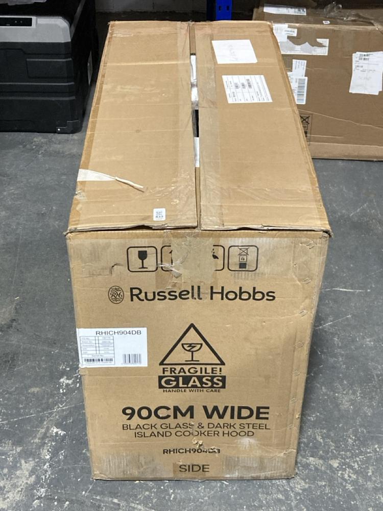 Lot 433  
            Chesterfield SR40 - Collection or Optional Delivery Available 

                
RUSSELL HOBBS 90CM WIDE BLACK GLASS AND DARK STEEL ISLAND COOKER HOOD MODEL: RHIC...