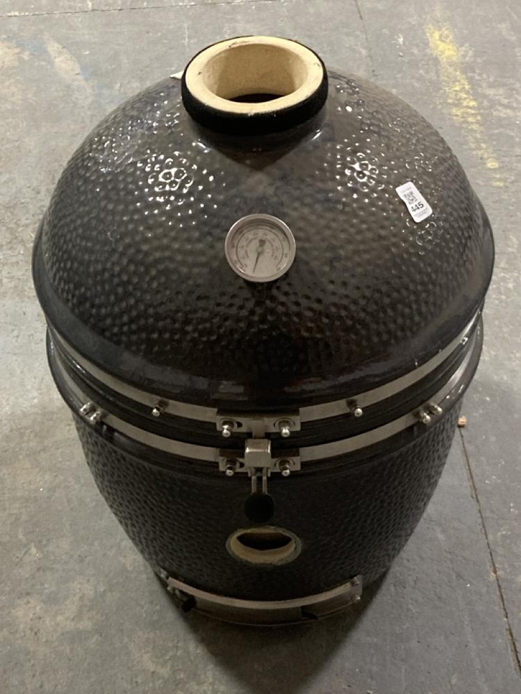 Lot 445  
            Chesterfield SR40 - Collection or Optional Delivery Available 

                
BOSS GRILL 18 CERAMIC KAMADO EGG GRILL BBQ WITH WOOD SHELVES IN BLACK ORIGINAL RR...