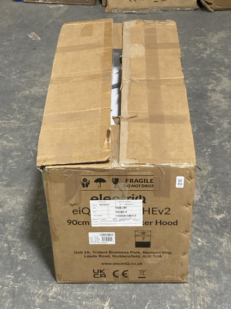 Lot 468  
            Chesterfield SR40 - Collection or Optional Delivery Available 

                
ELECTRIQ 90CM ANGLED COOKER HOOD IN BLACK MODEL: EIQA G90B SSHV2 (LOCATION: B RAC...