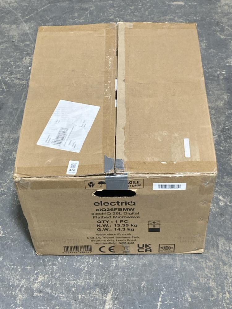 Lot 476  
            Chesterfield SR40 - Collection or Optional Delivery Available 

                
ELECTRIQ 26L DIGITAL FLATBED MICROWAVE MODEL: E26 BMW (LOCATION: B RACKING)