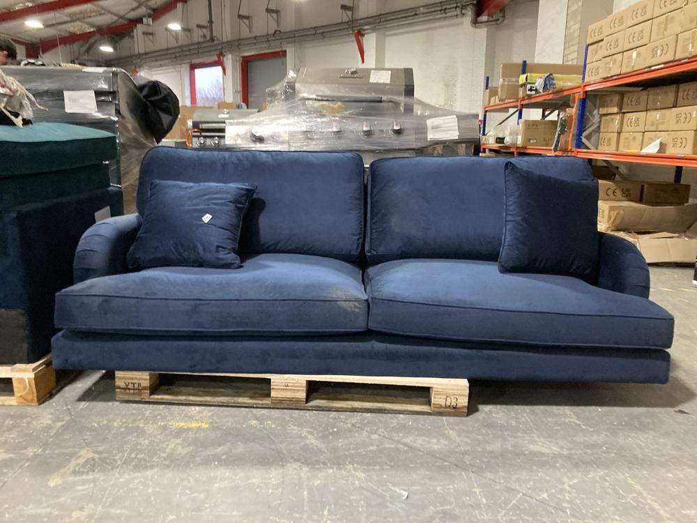 Lot 519  
            Chesterfield SR40 - Collection or Optional Delivery Available 

                
3 SEATER VELVET BLUE SOFA (LOCATION: B6)