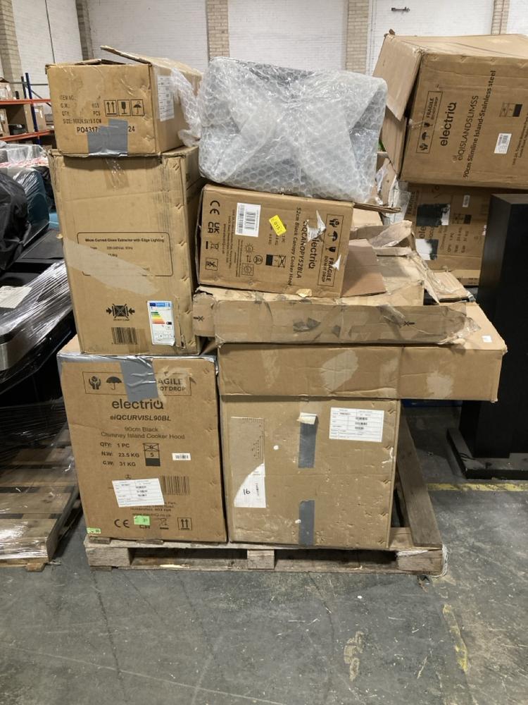 Lot 523  
            Chesterfield SR40 - Collection or Optional Delivery Available 

                
PALLET OF ASSORTED ITEMS TO INCLUDE 25CM BLACK CANOPY COOKER HOOD (LOCATION: B6)