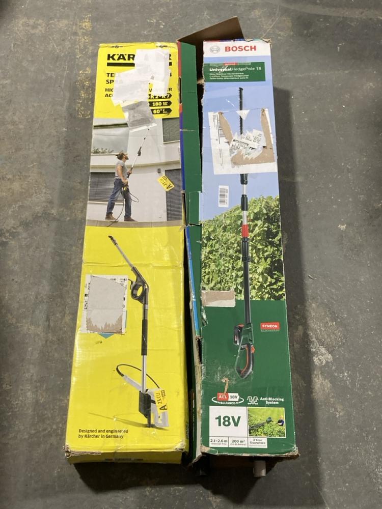 Lot 542  
            Chesterfield SR40 - Collection or Optional Delivery Available 

                
BOSCH CORDLESS TELESCOPIC HEDGE CUTTER TO INCLUDE KARCHER TELESCOPIC SPRAY LANCE ...