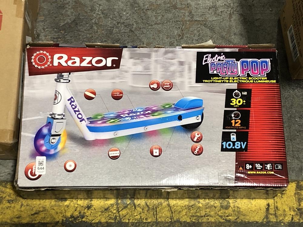 Lot 644  
            Chesterfield SR40 - Collection 

                
RAZOR ELECTRIC PARTY POP SCOOTER (COLLECTION ONLY) (LOCATION: SR41)