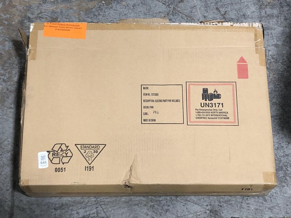 Lot 645  
            Chesterfield SR40 - Collection 

                
RAZOR ELECTRIC PARTY POP SCOOTER (COLLECTION ONLY) (LOCATION: SR41)