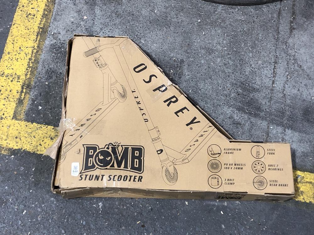 Lot 648  
            Chesterfield SR40 - Collection or Optional Delivery Available 

                
OSPREY BOMB STUNT SCOOTER (LOCATION: SR41)