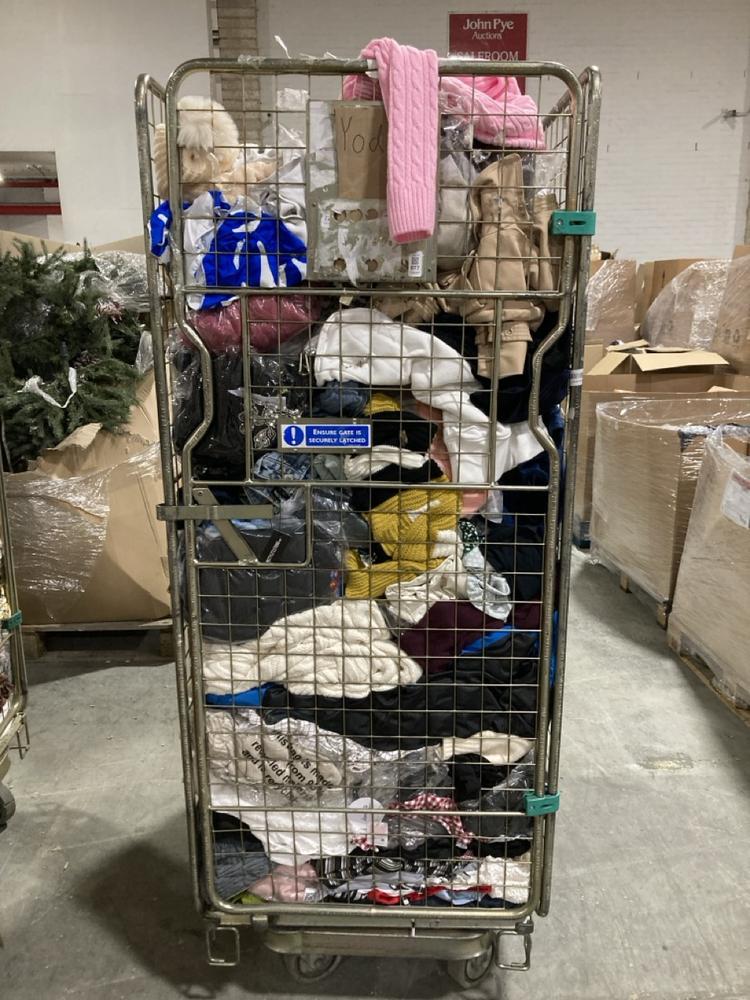 Lot 977  
            Chesterfield SR40 - Collection 

                
CAGE OF ASSORTED CLOTHING TO INCLUDE SWEATER IN PINK SIZE M (COLLECTION ONLY) (CA...