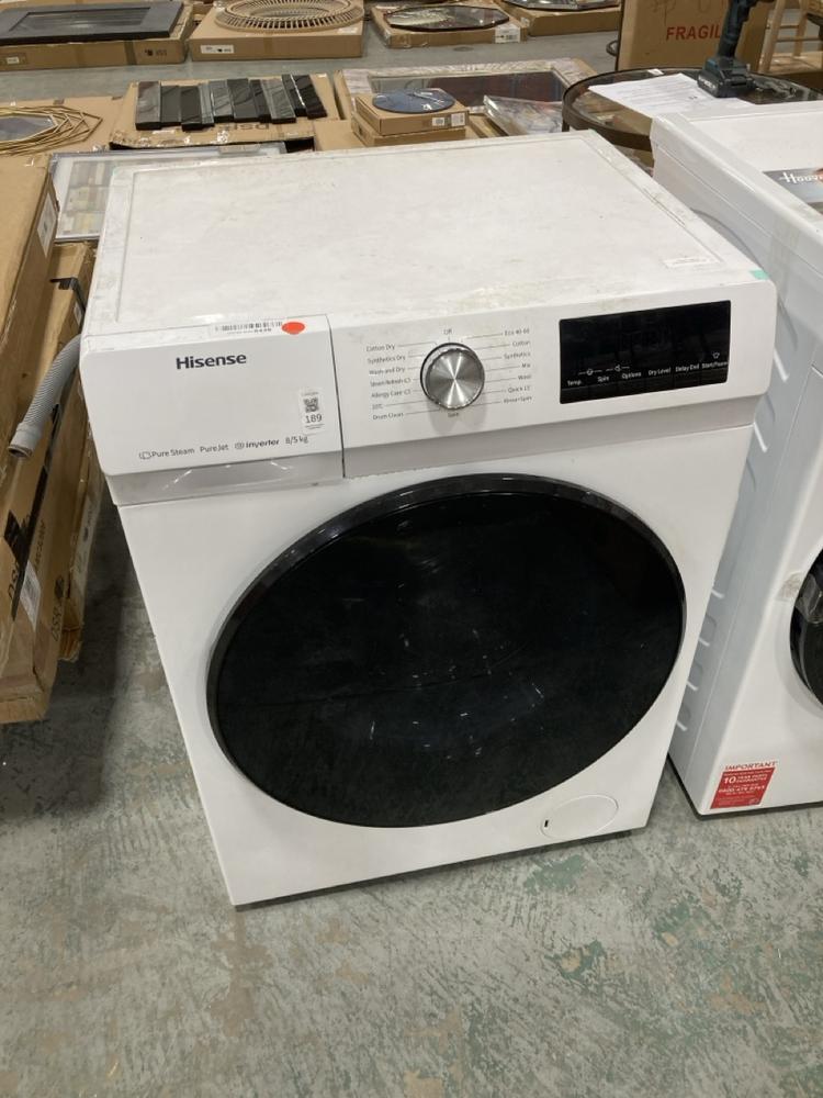 Lot 189  
            Chesterfield SR36 - Collection or Optional Delivery Available 

                
HISENSE 8/5KG WASHER DRYER IN WHITE - MODEL NO. WDQA8014EVJM (LOCATION: SR36 A3)