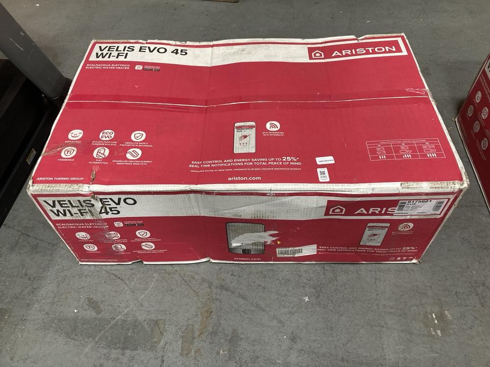 Lot 195  
            Chesterfield SR36 - Collection or Optional Delivery Available 

                
VELIS EVO WI-FI 45 ELECTRIC WATER HEATER (LOCATION: SR36 A3)