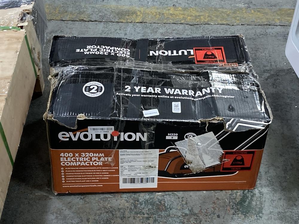 Lot 208  
            Chesterfield SR36 - Collection or Optional Delivery Available 

                
EVOLUTION 400X320MM ELECTRIC PLATE COMPACTOR (LOCATION: SR36 A3)