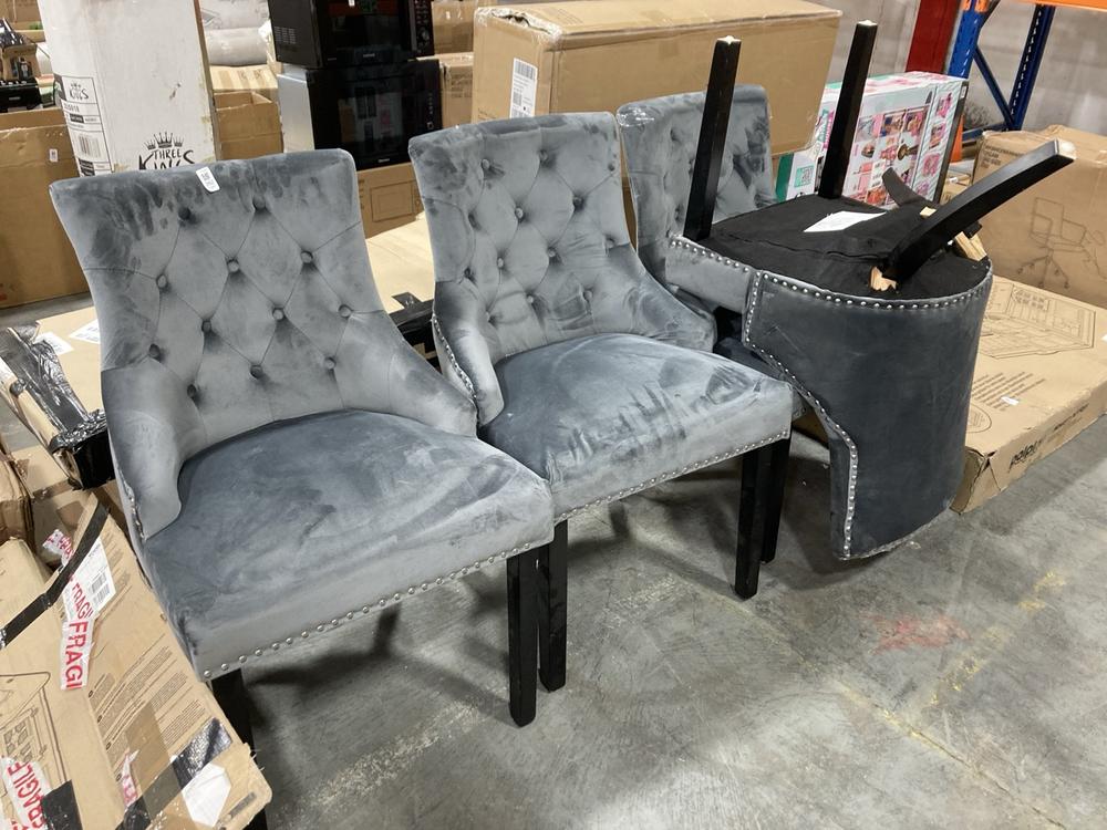 Lot 262  
            Chesterfield SR36 - Collection or Optional Delivery Available 

                
SET OF 4 UPHOLSTERED DINING CHAIRS IN GREY VELVET FEEL FABRIC (LOCATION: SR36 A2)