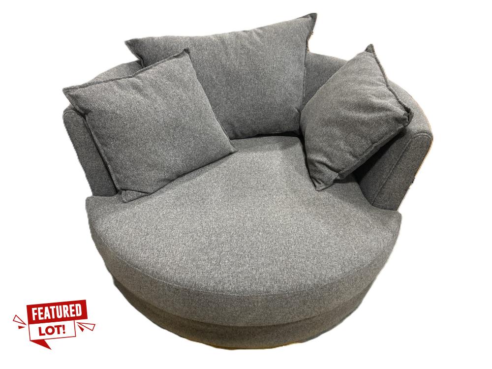 Lot 321  
            Chesterfield SR36 - Collection or Optional Delivery Available 

                
SWIVEL CUDDLE CHAIR IN GREY FABRIC WITH MATCHING SOFA CUSHIONS (LOCATION: SR36 A2)