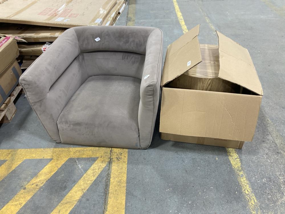 Lot 326  
            Chesterfield SR36 - Collection or Optional Delivery Available 

                
BELIANI COFFEE TABLE IN LIGHT BROWN TO INCLUDE ARMCHAIR IN TAUPE VELVET FEEL FABR...