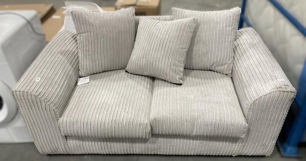 Lot 474  
            Chesterfield SR36 - Collection or Optional Delivery Available 

                
2 SEATER FLUTED SOFA IN LIGHT GREY FABRIC WITH MATCHING SOFA CUSHIONS (LOCATION: ...