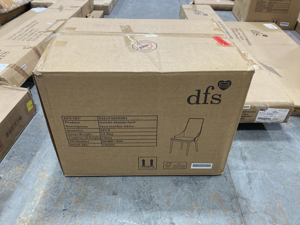 Lot 518  
            Chesterfield SR36 - Collection or Optional Delivery Available 

                
DFS 2PCE DINING CHAIR IN FAUX LEATHER WHITE (LOCATION: SR36 B2)