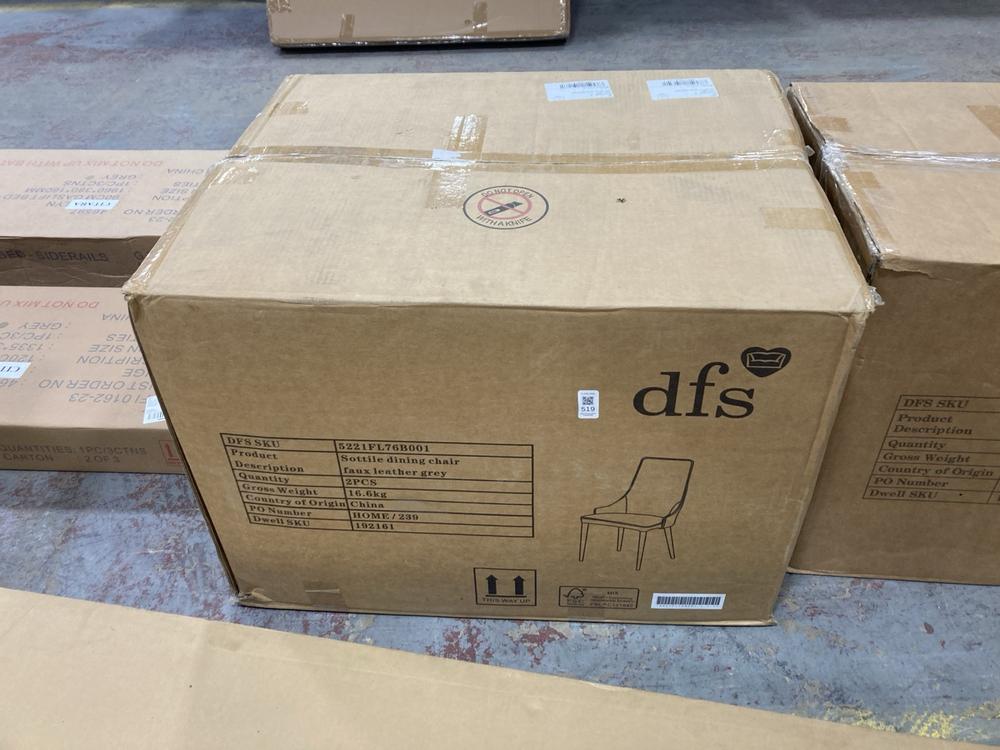 Lot 519  
            Chesterfield SR36 - Collection or Optional Delivery Available 

                
DFS 2PCE DINING CHAIR IN FAUX LEATHER GREY (LOCATION: SR36 B2)