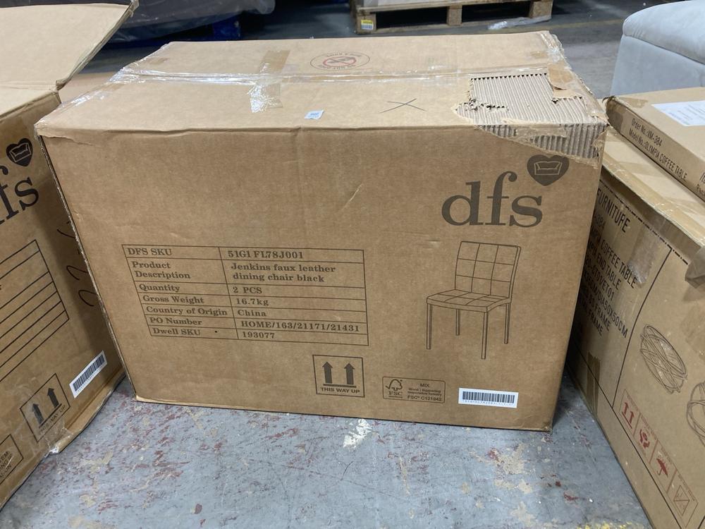 Lot 520  
            Chesterfield SR36 - Collection or Optional Delivery Available 

                
DFS 2PCE FAUX LEATHER DINING CHAIR IN BLACK (LOCATION: SR36 B2)