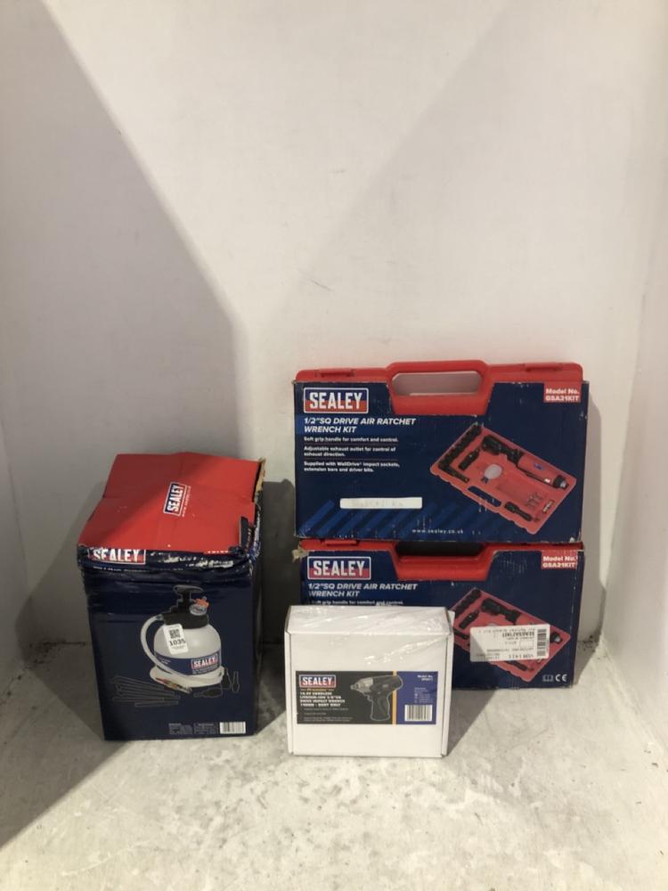 Lot 1035  
            Chesterfield SR45 - Parcel Delivery Only 

                
4 X ASSORTED SEALEY PRODUCTS TO INCLUDE SEALEY 1/2" SQ DRIVE AIR RATCHET WRENCH K...