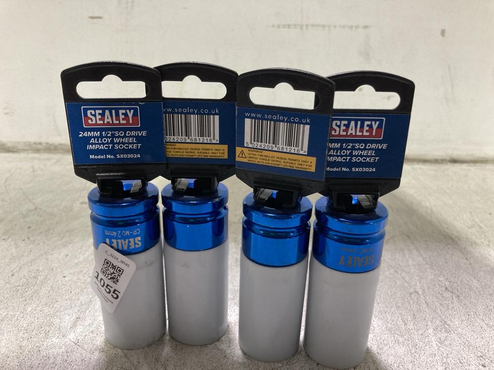 Lot 1055  
            Chesterfield SR45 - Parcel Delivery Only 

                
4 X SEALEY SX03024 24MM 1/2" SQ DRIVE ALLOY WHEEL IMPACT SOCKET (LOCATION: J8)