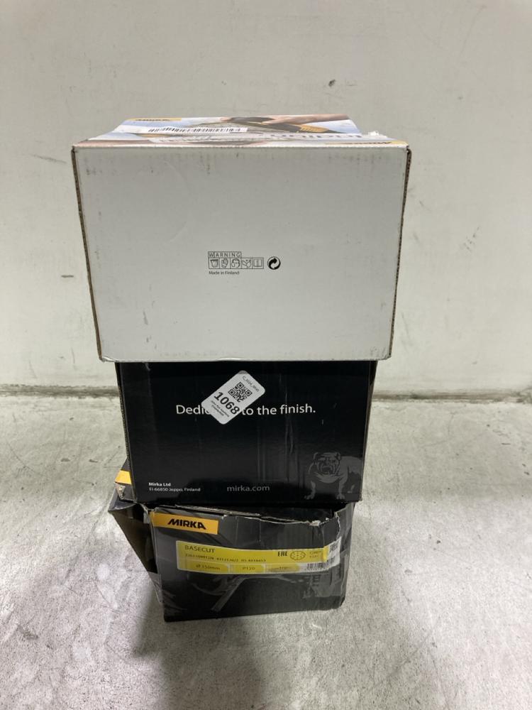 Lot 1068  
            Chesterfield SR45 - Parcel Delivery Only 

                
4 X ASSORTED MIRKA PRODUCTS TO INCLUDE MIRKA BASECUT P120 PACK OF 100 (LOCATION: J8)