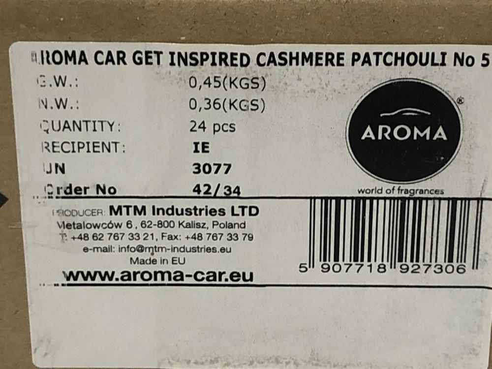Lot 1127  
            Chesterfield SR45 - Parcel Delivery Only 

                
10 X BOXES OF 24 X AROMA CAR AIR FRESHENERS CASHMERE PATCHOULI (LOCATION: J10) - Image 4