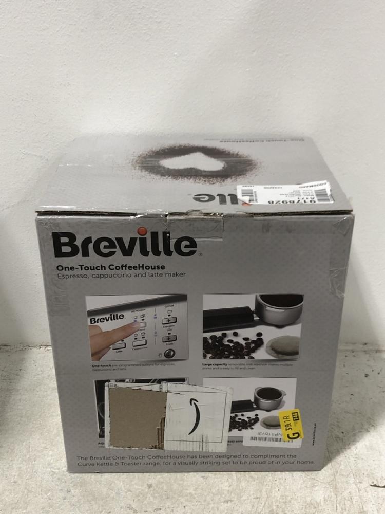Lot 112  
            Chesterfield SR45 - Parcel Delivery Only 

                
BREVILLE ONE TOUCH COFFEE HOUSE ESPRESSO ,CAPPUCCINO AND LATTE MAKER (LOCATION: G3)