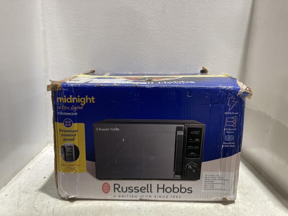Lot 1138  
            Chesterfield SR45 - Parcel Delivery Only 

                
RUSSELL HOBBS MIDNIGHT 20L DIGITAL MICROWAVE (LOCATION: K1)