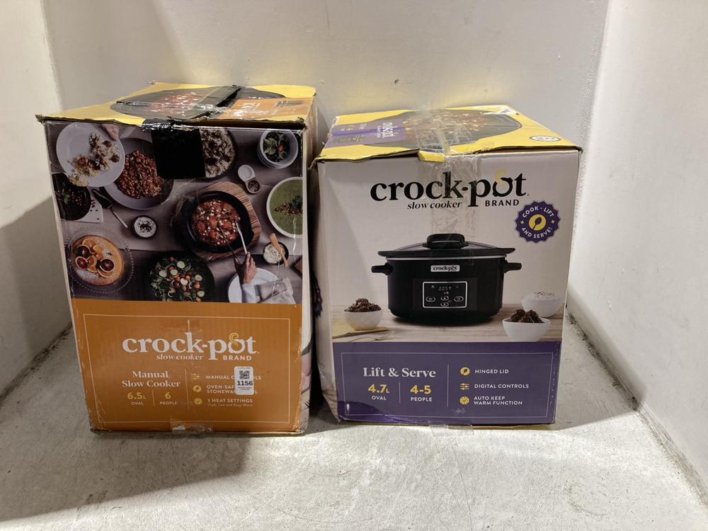 Lot 1156  
            Chesterfield SR45 - Parcel Delivery Only 

                
CROCKPOT 6.5L MANUAL SLOW COOKER TO INCLUDE CROCKPOT 4.7L LIFT AND SERVE SLOW COO...